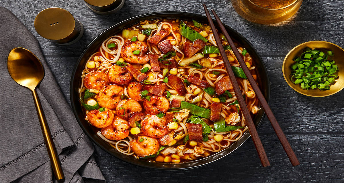 Miso-Sesame Shrimp & Bacon Ramen in Gochujang Broth with Bok Choy, Cabbage & Corn