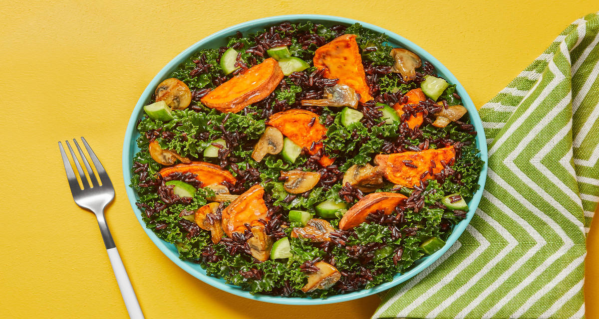 Black Rice, Mushroom & Miso Kale Salad with Pickled Cucumber, Sweet Potato & Sesame Dressing