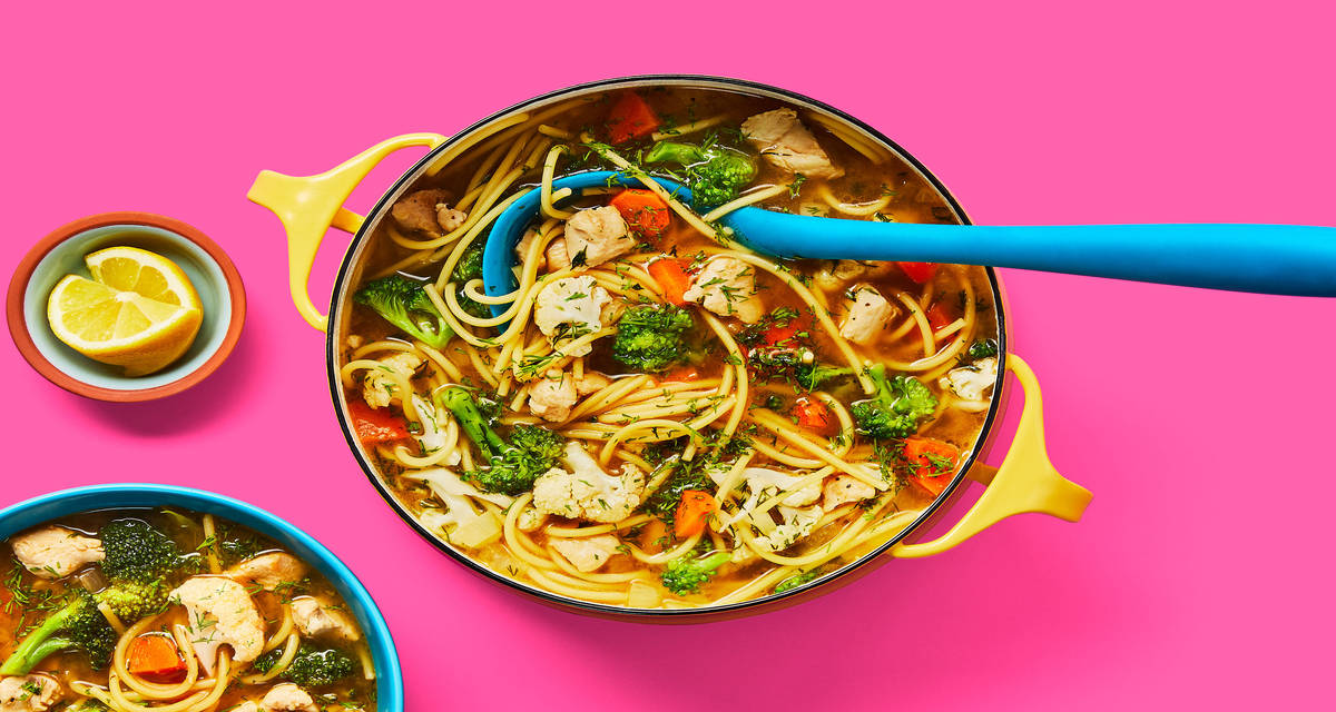 Mom’s Magic One-Pot Chicken Noodle Soup with Mixed Veggies, Lemon & Dill