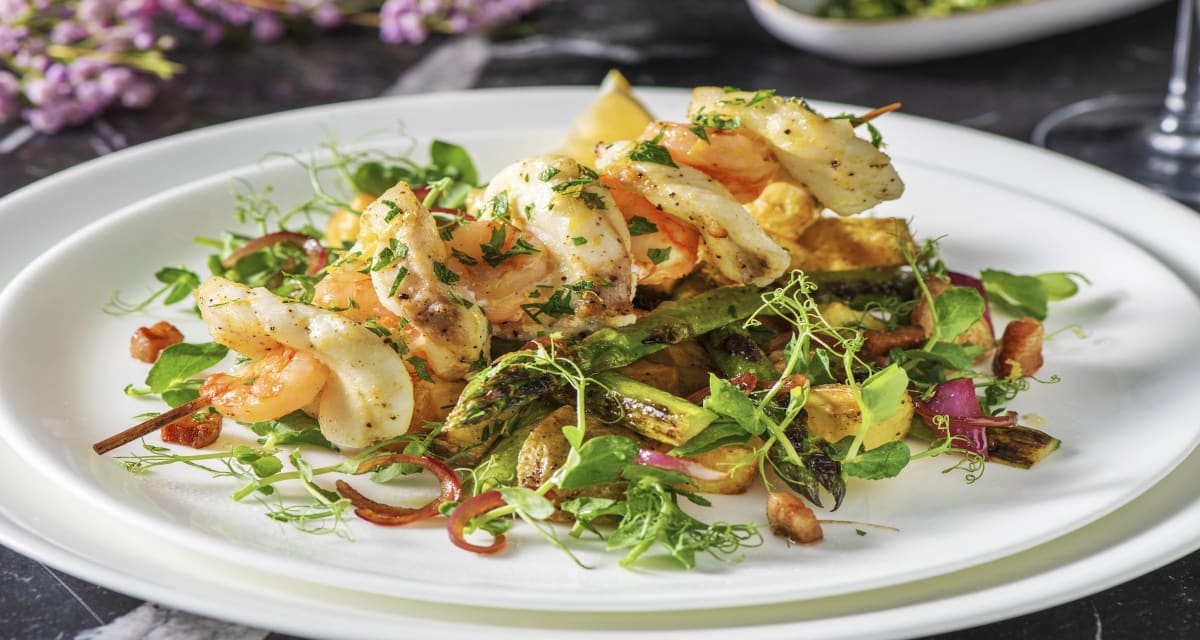 Monkfish and Prawn Skewers with Asparagus and Bacon Vinaigrette