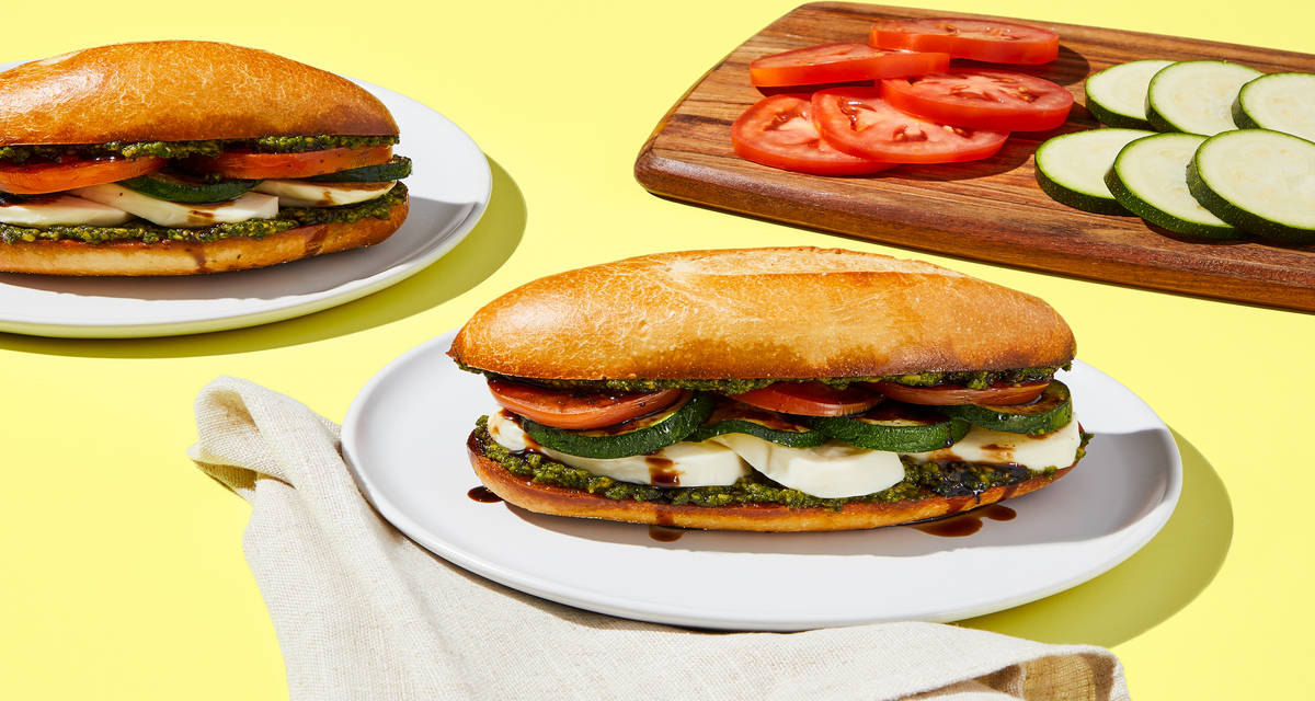 Mozzarella Pesto Sandwiches with Zucchini, Tomato & Balsamic Glaze