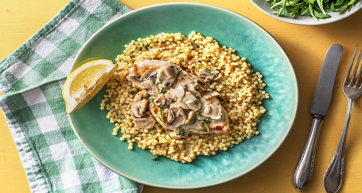 Mushroom Gravy Chicken over Couscous with Lemony Arugula