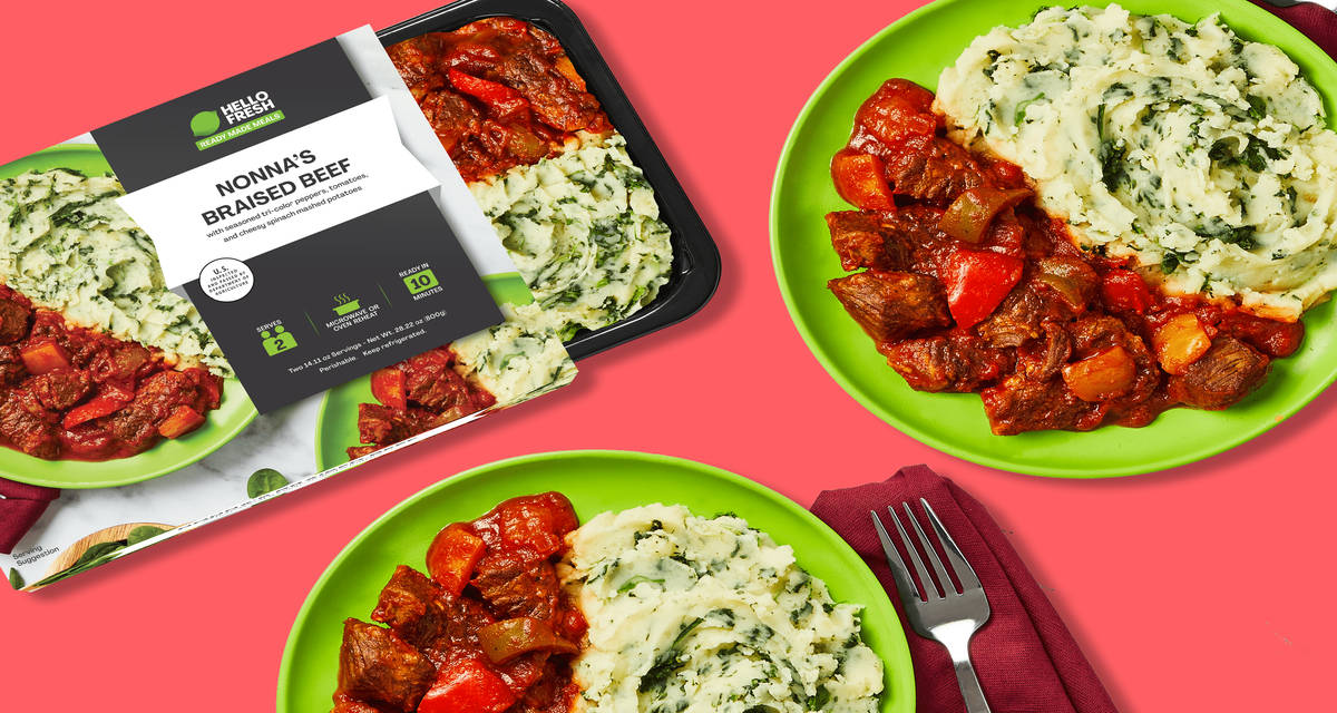 Nonna’s Braised Beef - Ready to Heat Serves 2 | with seasoned tri-color peppers, tomatoes, and cheesy spinach mashed potatoes