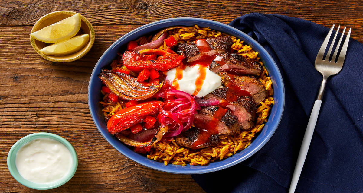 NYC Street Cart Steak Bowls with Roasted Veggies & Garlicky White Sauce