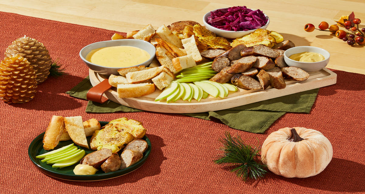 Oktoberfest Bratwurst Snack Board with Crispy Smashed Potatoes, Cheese Fondue, Apple & Pickled Cabbage | 4 Servings