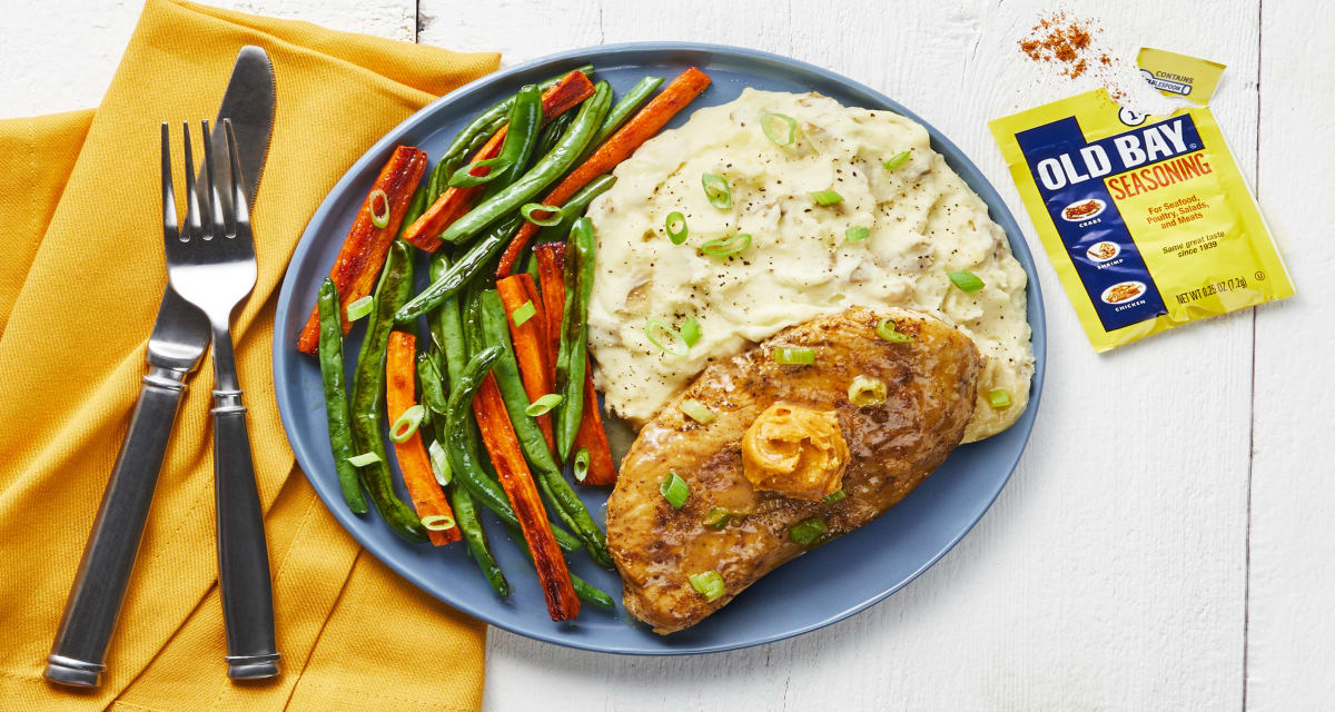 Old Bay Buttered-Up Chicken with Garlic Mashed Potatoes & Roasted Veggies