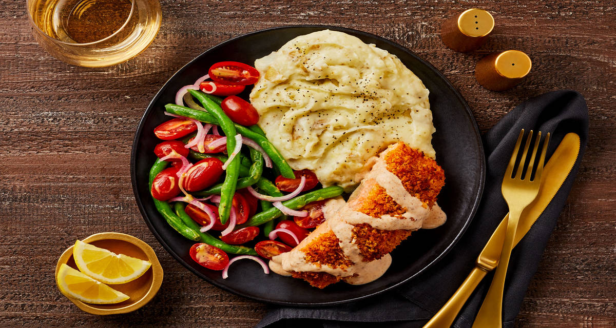 Old Bay Panko-Crusted Salmon with Mashed Potatoes & Green Bean Salad