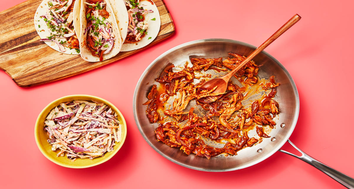 One-Pan BBQ Pulled Chicken Tacos with Creamy Slaw & Cilantro