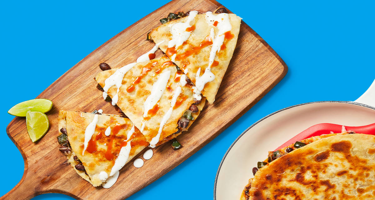 One-Pan Black Bean & Poblano Quesadillas with Lime Crema