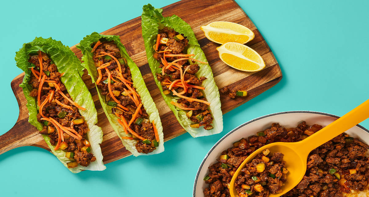 One-Pan Ginger Beef Lettuce Wraps With Zucchini, Gochujang Sauce & Pickled Carrots