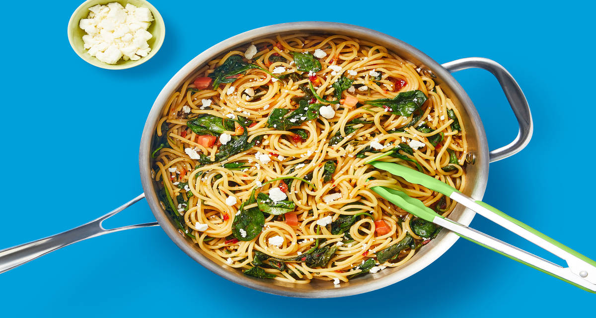 One-Pan Greek Spaghetti with Red Pepper Sauce, Feta, Spinach & Fresh Oregano