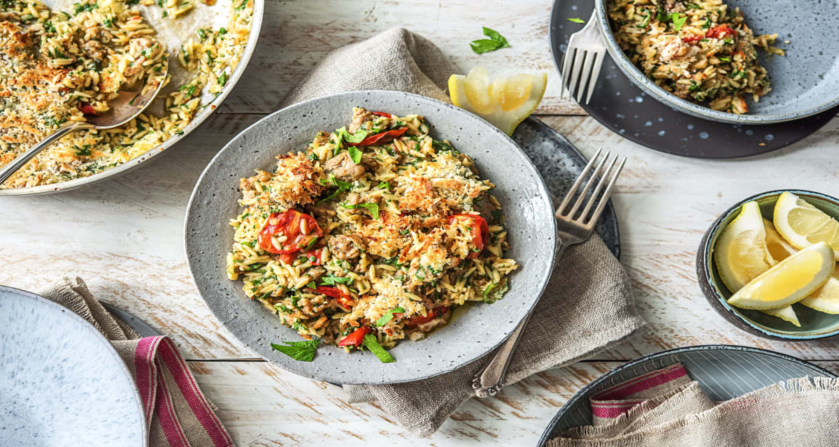 One-Pan Orzo Italiano with Chicken Sausage, Tomatoes, and Spinach-image