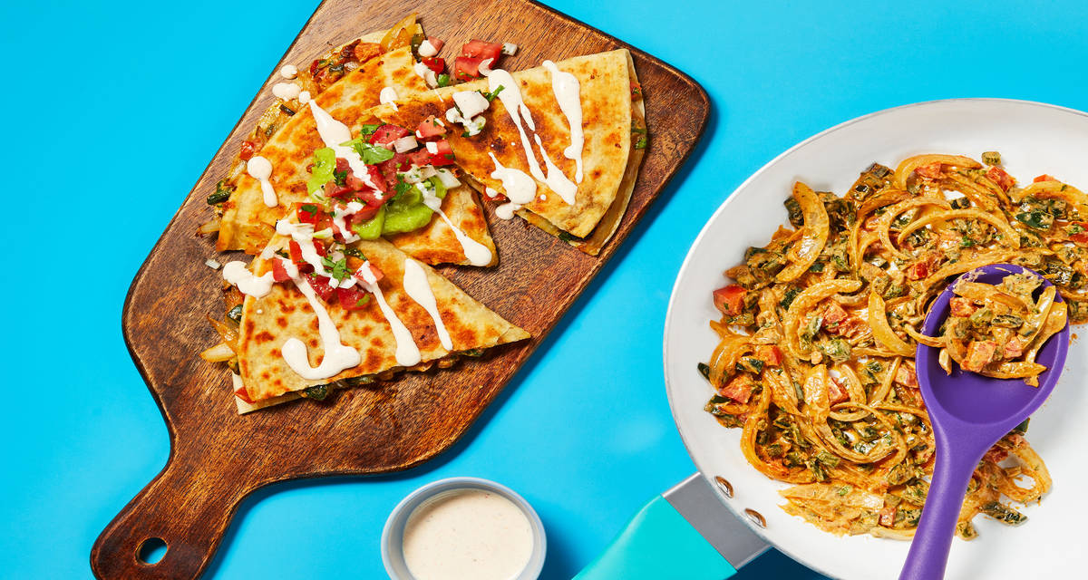 One-Pan Rajas Quesadillas with Salsa Fresca, Southwest Crema & Guacamole
