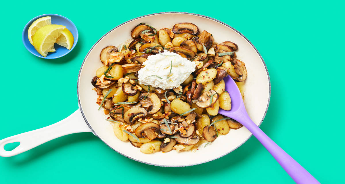 One-Pan Ricotta-Dolloped Gnocchi with Mushrooms, Walnuts & Sage