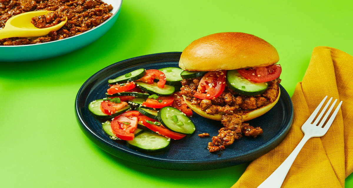 One-Pan Sesame Pork Sloppy Joes with Bulgogi Sauce & Cucumber Salad