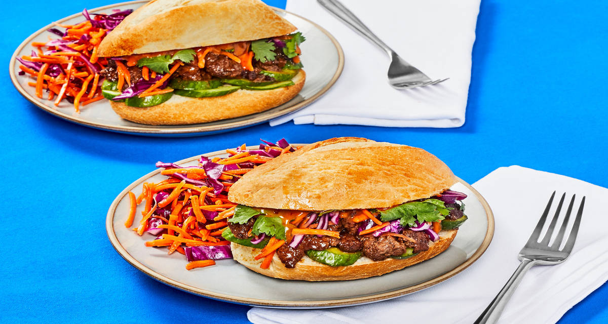 One-Pan Soy-Glazed Steak Banh Mi with Sesame Slaw & Chili Mayo