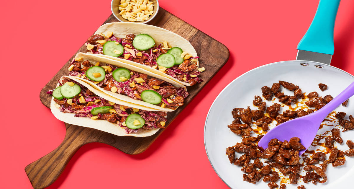 One-Pan Sweet Soy Glazed Steak Tacos with Spicy Slaw, Marinated Cucumber & Peanuts