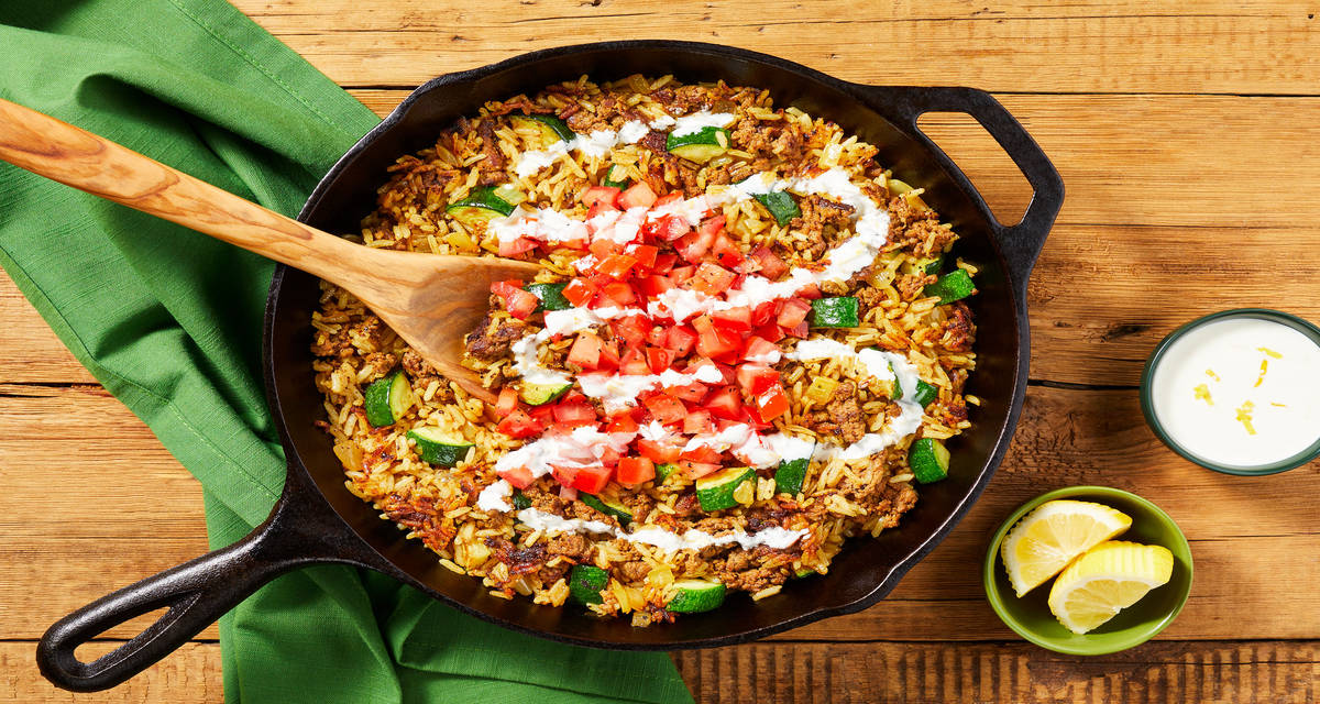 One-Pan Turkey & Rice Skillet with Zucchini, Marinated Tomato & Lemon Garlic Sauce