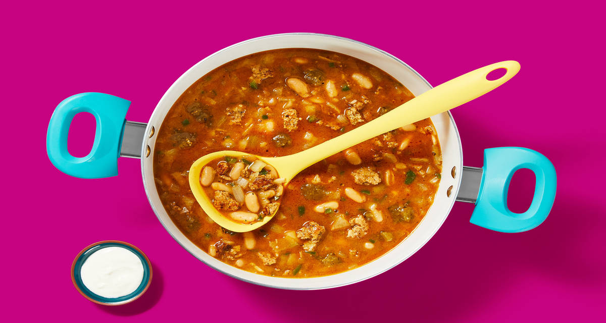 One-Pot Chicken Sausage Chili Verde with Cannellini Beans & Sour Cream