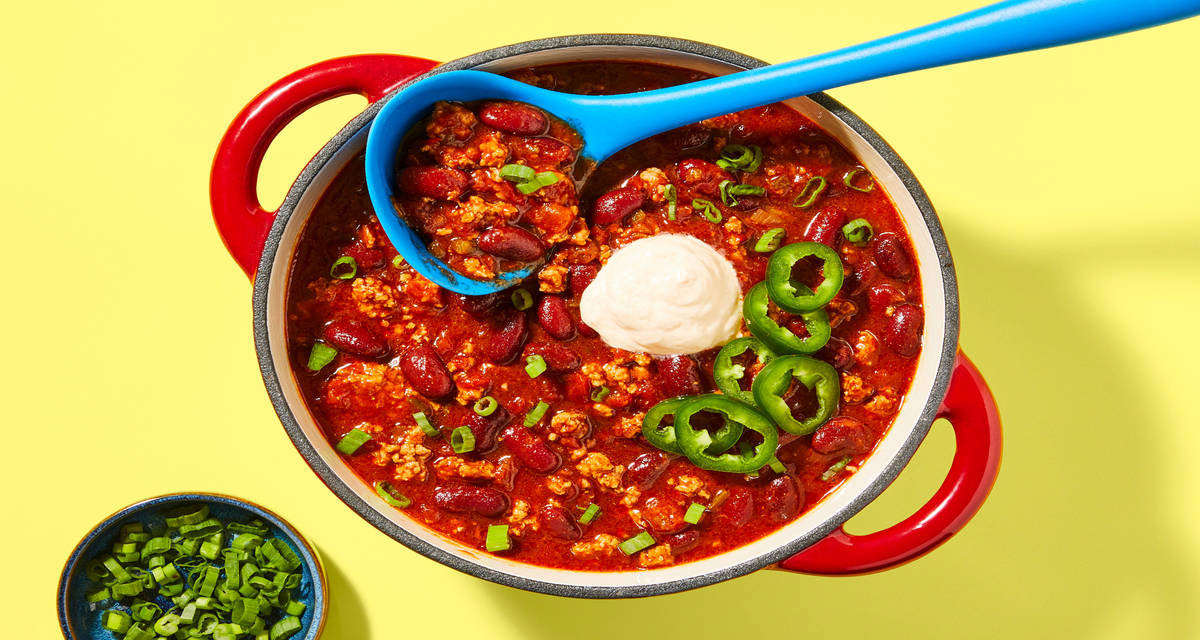 One-Pot Pork & Kidney Bean Chili with Jalapeño & Smoky Red Pepper Crema