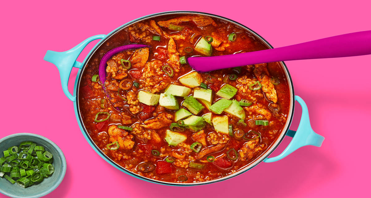 One-Pot Southwest Chicken Soup with Bulgur topped with Avocado & Scallions