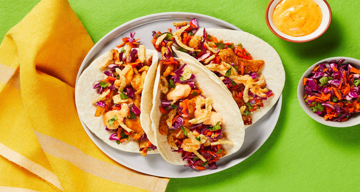 Chicken Stir-Fry Tacos with Tangy Cabbage Slaw & Sriracha Mayo