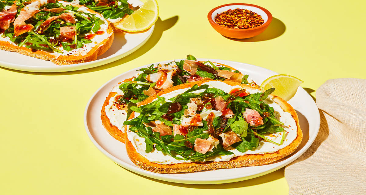 Open-Faced Prosciutto & Jam Sandwiches with Ricotta & Arugula