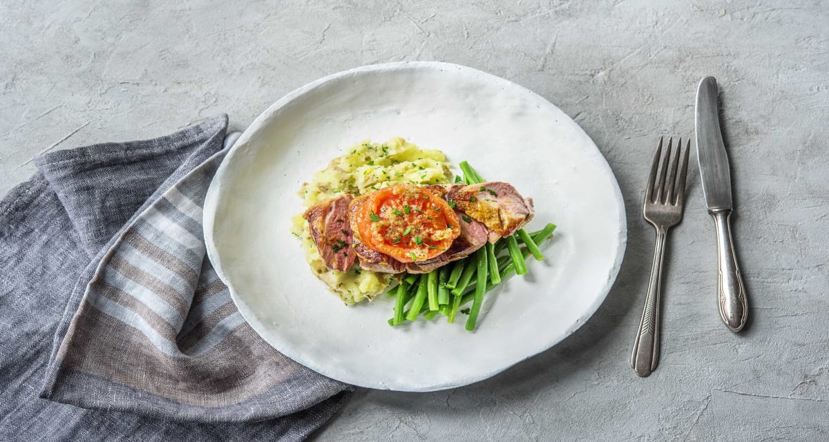 Orange Glazed Duck with Crushed Potato, Green Beans and Roasted Tomato-image
