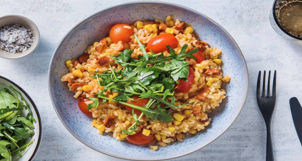 Oven-Baked Chorizo & Sweetcorn Risotto with Rocket & Balsamic Vinegar