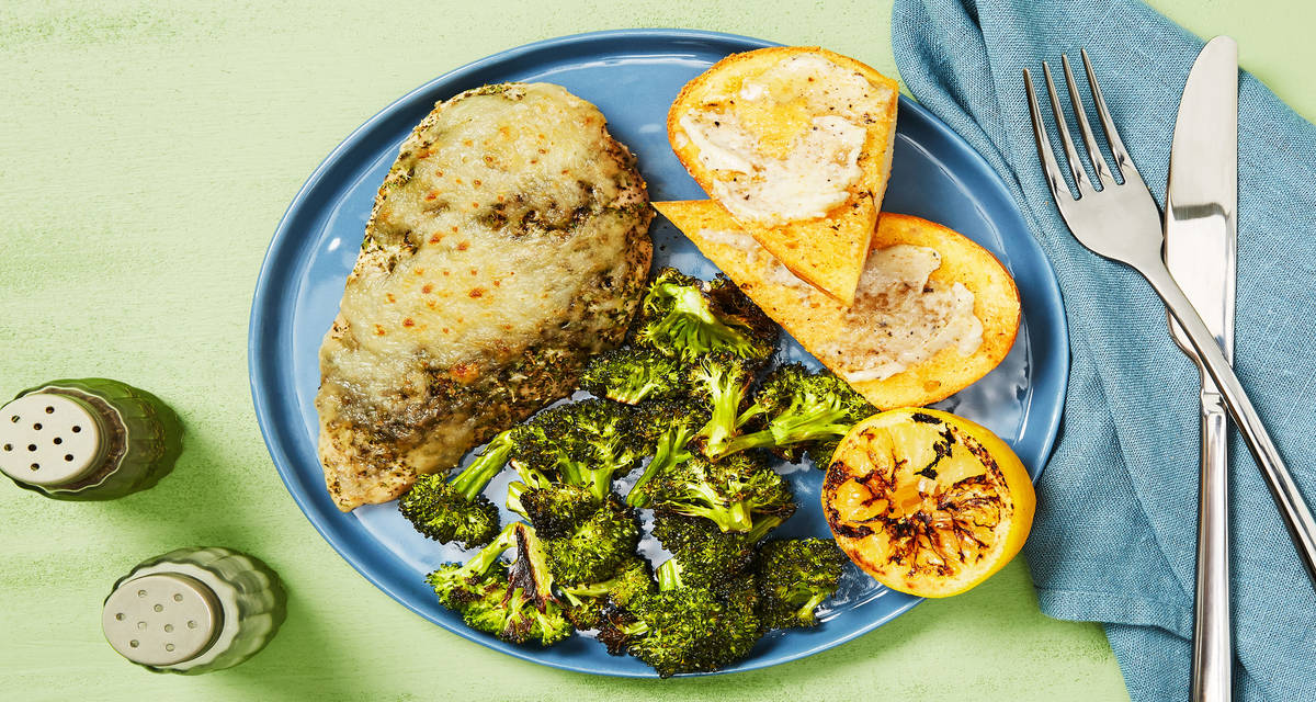 Sheet Pan Cheesy Italian Chicken plus Roasted Broccoli, Charred Lemon & Garlic Bread