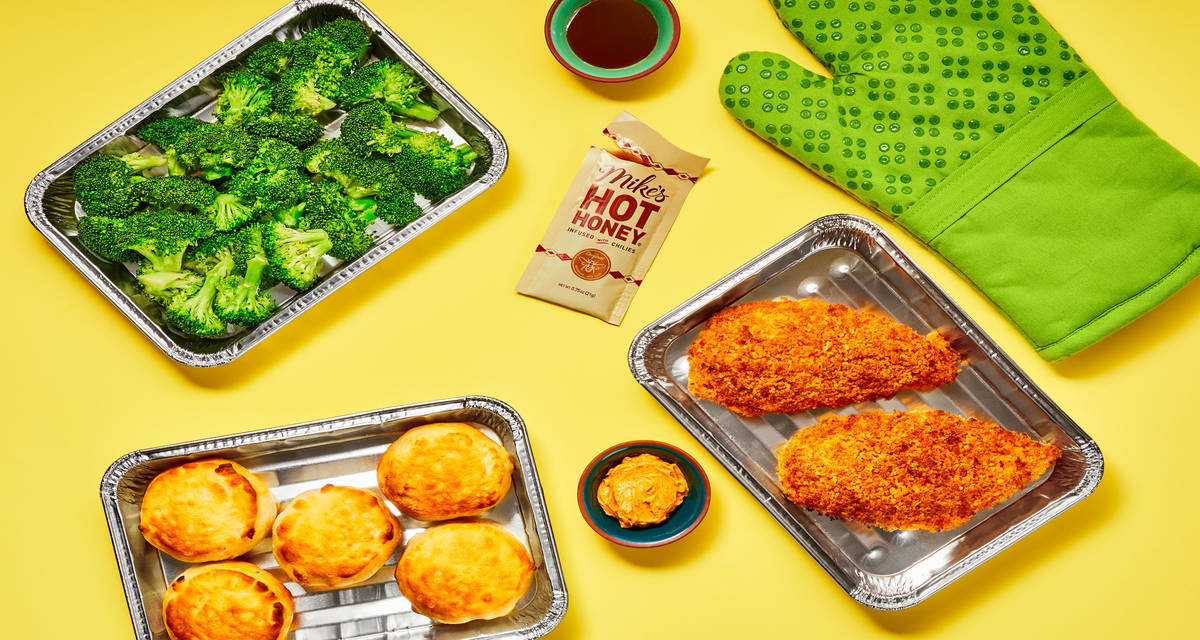 Oven-Ready Mike's Hot Honey® Chicken with Broccoli & BBQ Butter Biscuits (trays included)