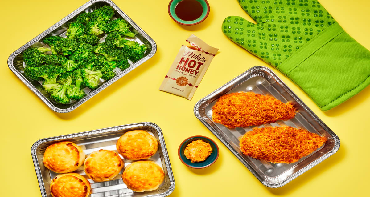 Oven-Ready Mike's Hot Honey® Chicken with Broccoli & BBQ Butter Biscuits (trays included)-image
