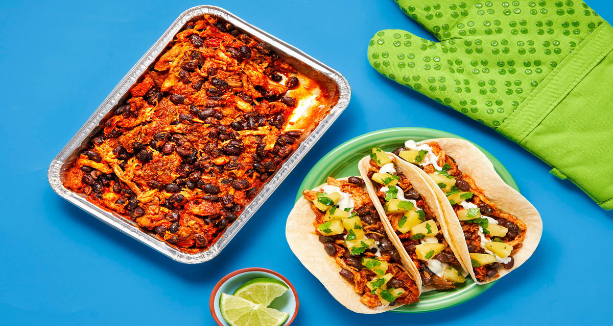 Oven-Ready Pulled Pork & Black Bean Tacos with Pineapple Salsa & Sour Cream (trays included)