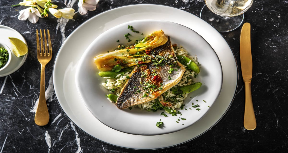 Pan-Fried Bream and Zesty Coriander Rice with Sticky Asian Sauce, Sugar Snaps and Charred Bok Choy-image