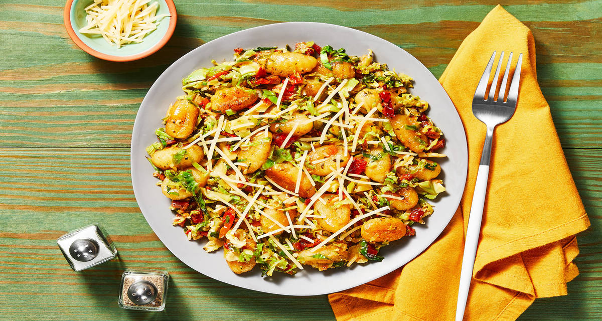Pan-Fried Garlic Herb Gnocchi with Brussels Sprouts & Sun-Dried Tomatoes