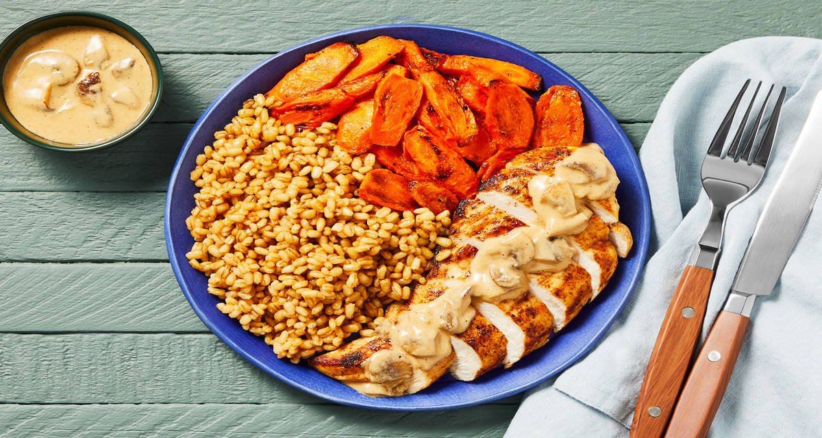 Pan-Seared Chicken & Barley with Creamy Mushroom Sauce & Roasted Carrots