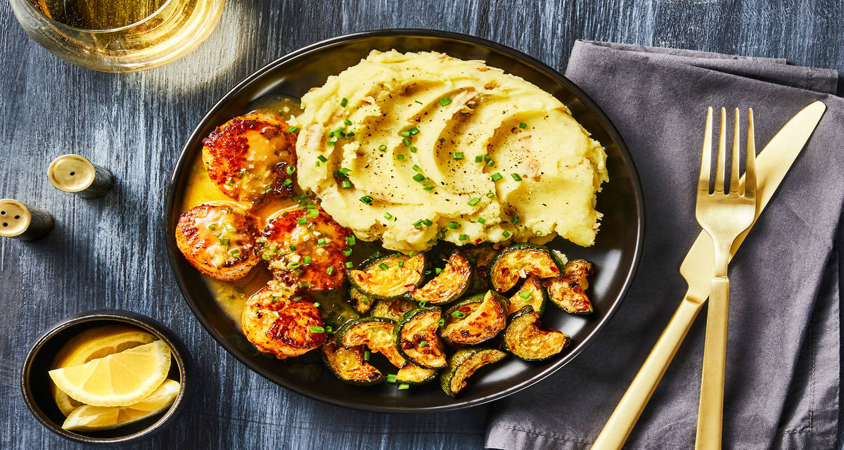 Pan-Seared Scallops & Lemon Butter Sauce with Crème Fraîche Mashed Potatoes & Roasted Zucchini
