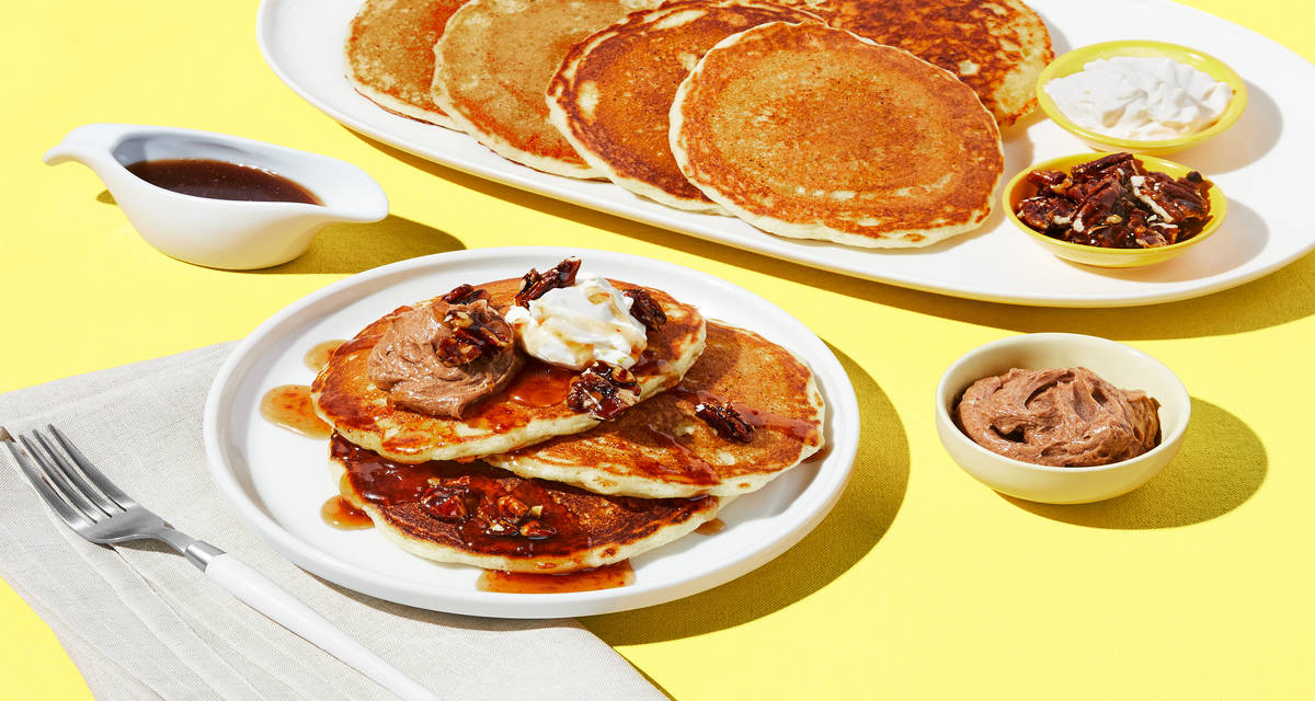 Pancakes with Cherry-Maple Syrup plus Cinnamon Butter, Lemony Crème Fraîche & Candied Pecans  | 4 servings