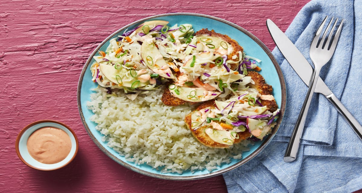 Panko Pork Cutlets with Apple Slaw Scallion Rice & Sriracha Crema-image
