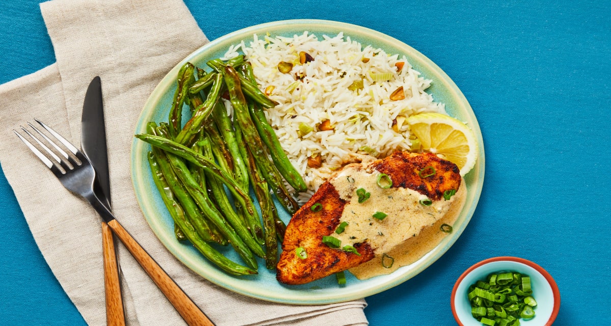 Paprika Chicken in a Lemony Sauce with Pistachio Rice & Roasted Green Beans-image