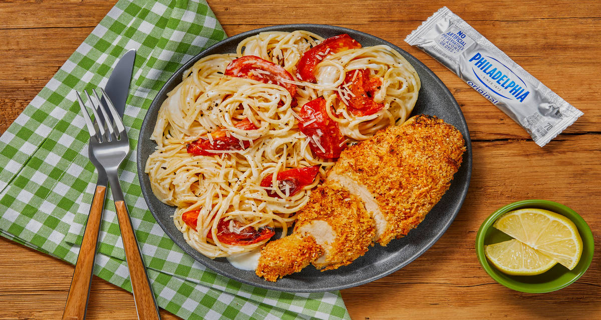 Parmesan-Crusted Chicken with PHILADELPHIA® Cream Cheese & Creamy Lemon Tomato Spaghetti