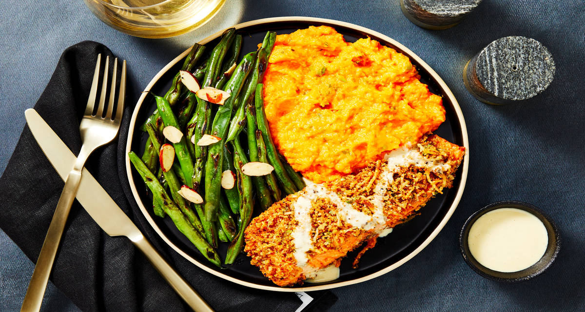 Parmesan-Crusted Trout with Scallion Mashed Sweet Potatoes & Green Beans Amandine