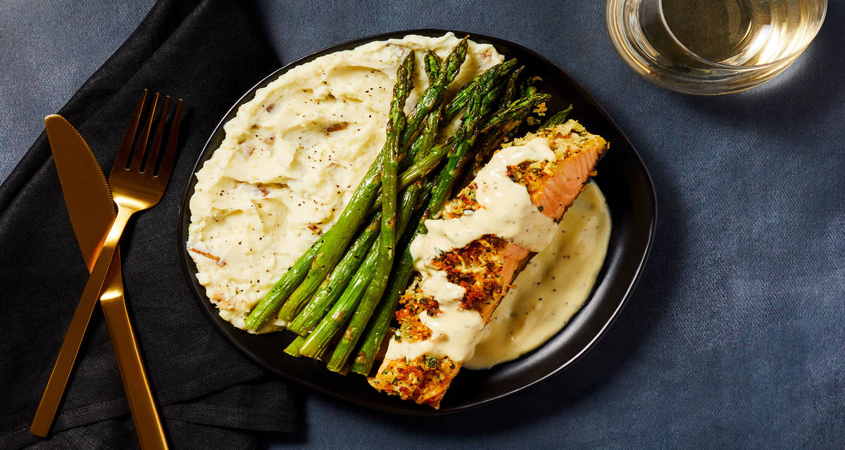 Parmesan Herb-Crusted Salmon with Garlic Mashed Potatoes, Asparagus & Creamy Mustard Sauce