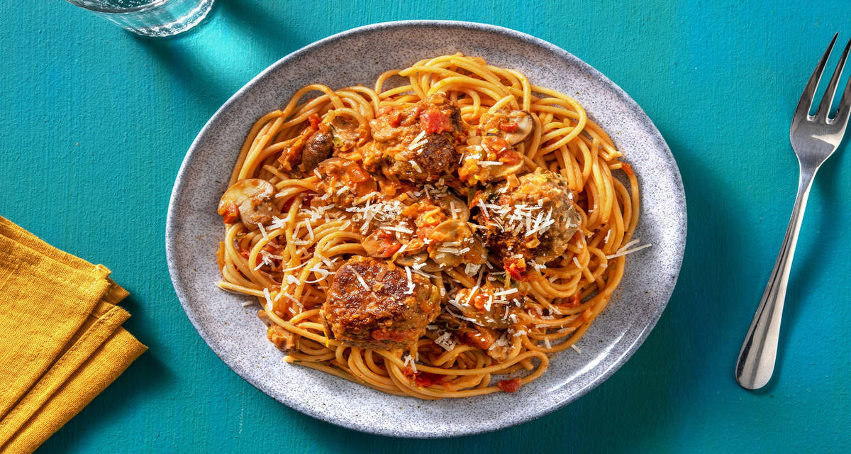 Snelle pasta met gehaktballen met champignons en romige tomatensaus