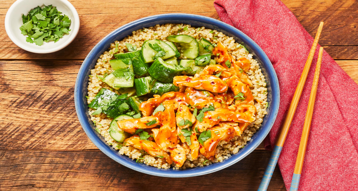 Peanut Chicken Bowls with Garlicky Quinoa & Smashed Cucumbers