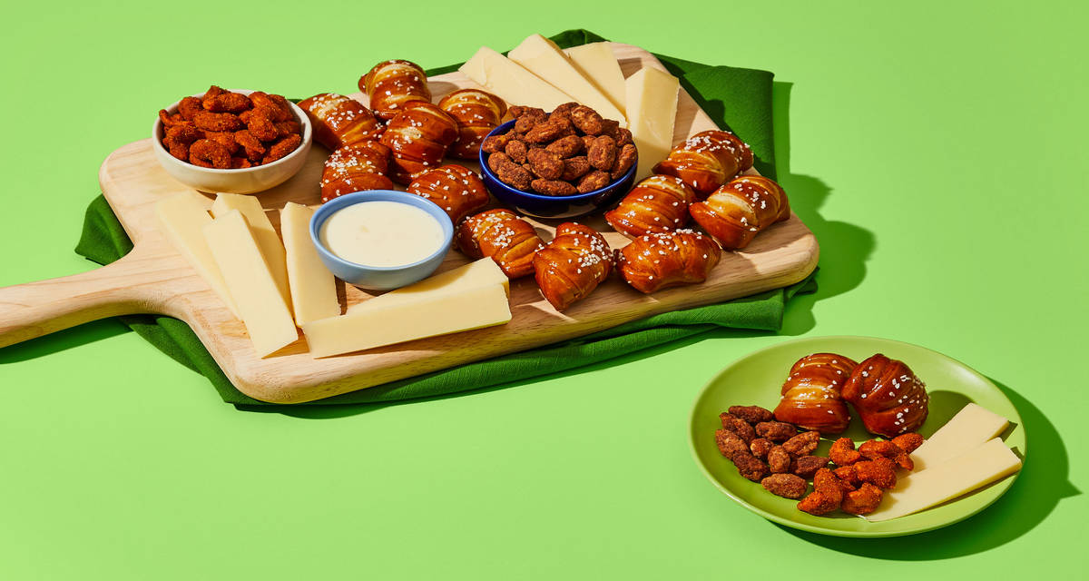 Nuts & Pretzel Bites with Cheese Sauce Savory summertime snacking. | 4 Servings