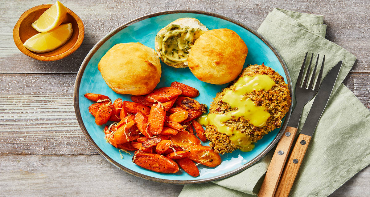 Pecan-Crusted Chicken with Lemony Roasted Carrots, Biscuits & Garlic Thyme Butter
