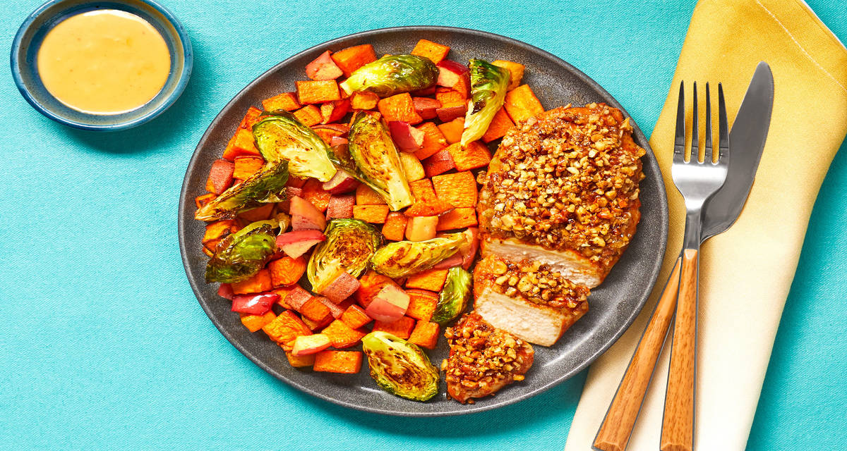 Pecan & Walnut-Crusted Chicken with BBQ-Spiced Sweet Potato, Brussels Sprouts & Apple