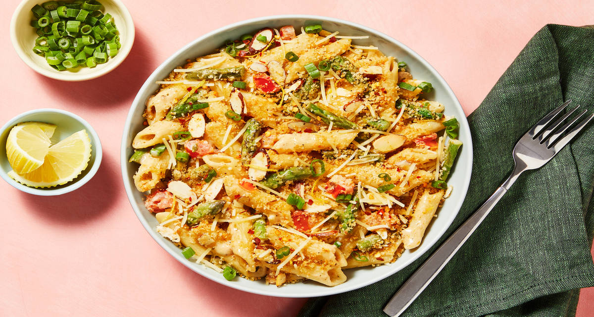 Shrimp Penne Rustica with a Kick tossed with Asparagus & topped with Crispy Panko