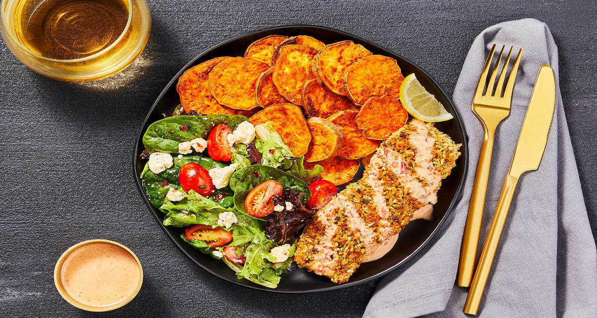 Pepita-Crusted Salmon with Tomato-Feta Salad & Harissa-Roasted Sweet Potatoes